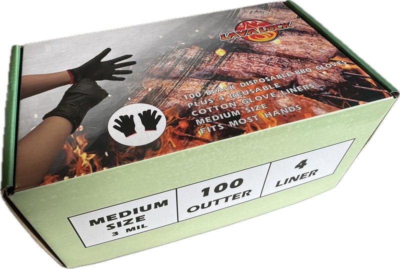 LavaLock Disposable Nitrile BBQ Gloves with Cotton Liners for Outdoor Cooking Grilling Smokers and Barbecue Competition (Medium 100 Count Black) - Image 1
